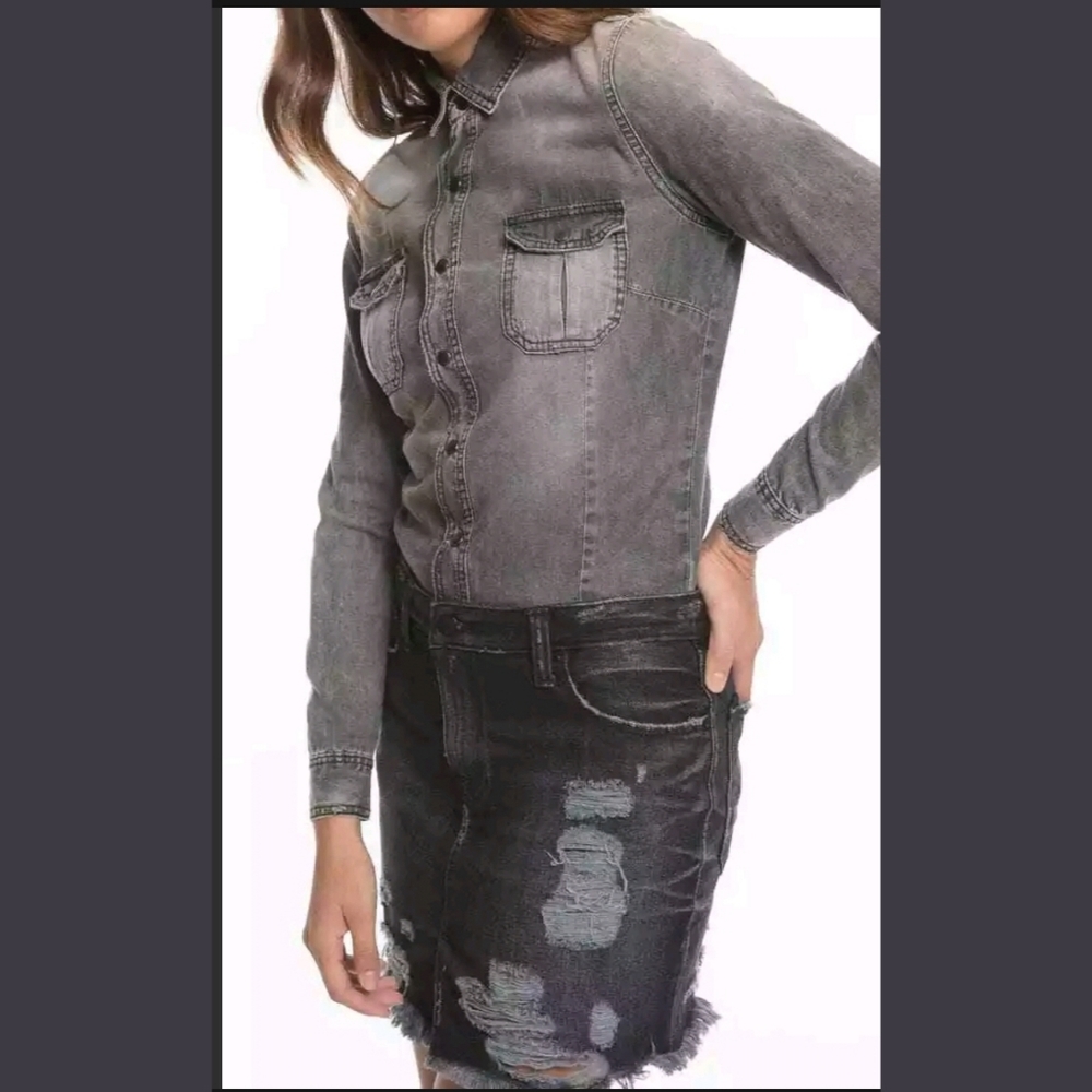 PRPS Goods & Co RARE denim mixed shirt dress jumper destructed jeans